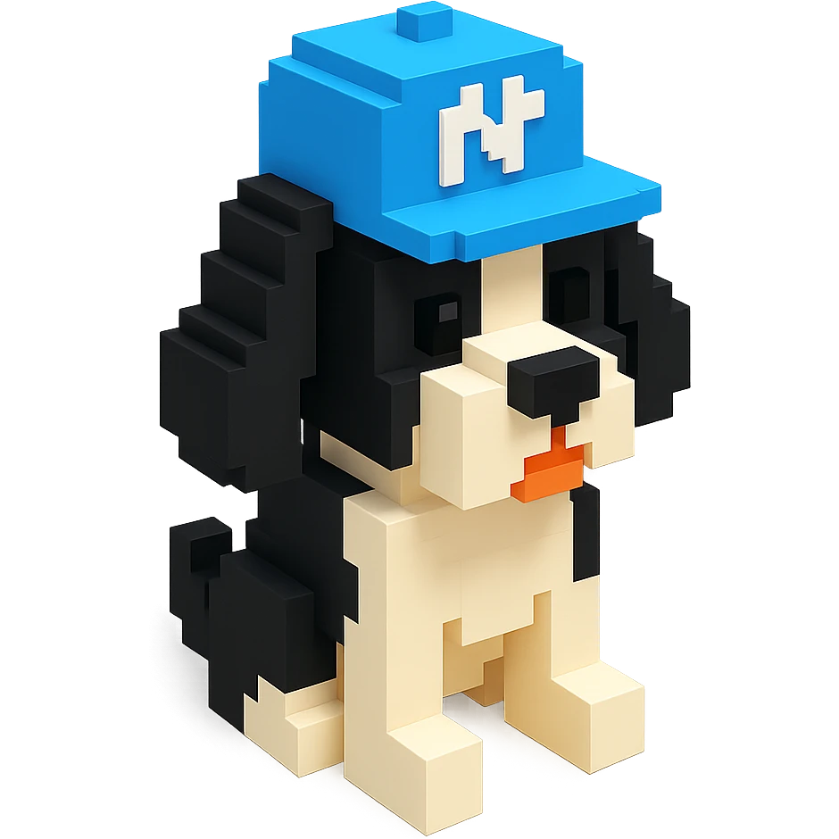 A black and white Russian Cocker Spaniel puppy wearing a NY cap, sitting emoji