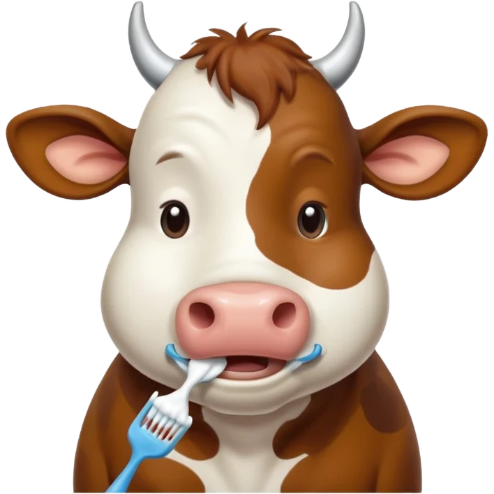A cow brushing its teeth, looking sleepy and drowsy, portrait, bust up emoji