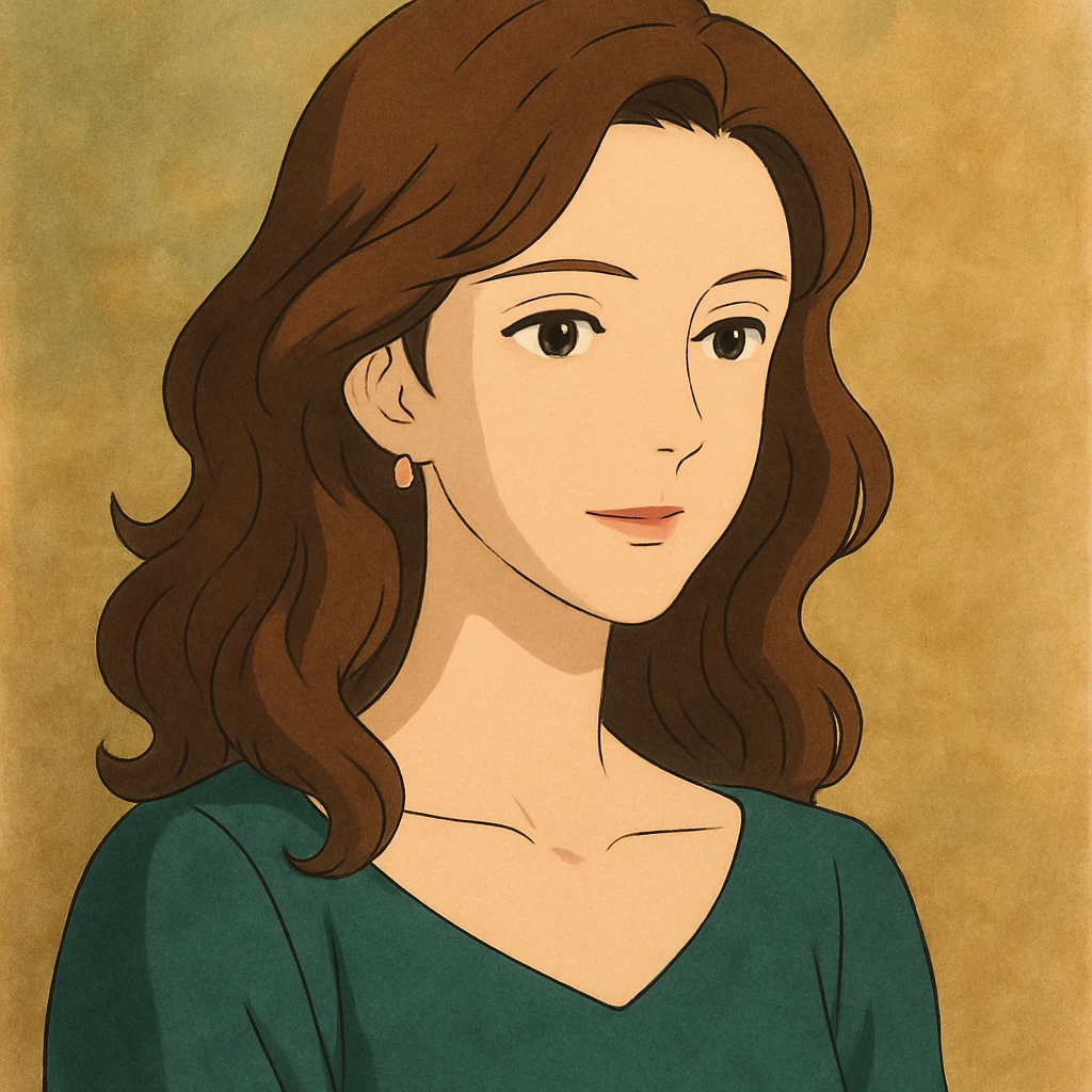 tasteful portrait of a brunette woman, soft lighting, elegant expression, color illustration, ghibli style emoji