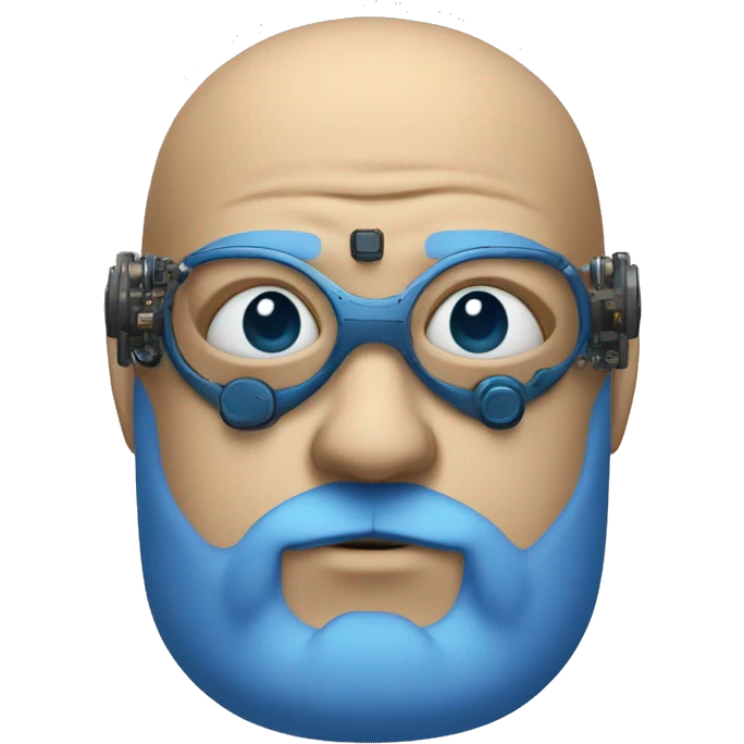 Bearded Fat bald cyborg head with tan skin, blue beard, blue goggles and circuits emoji