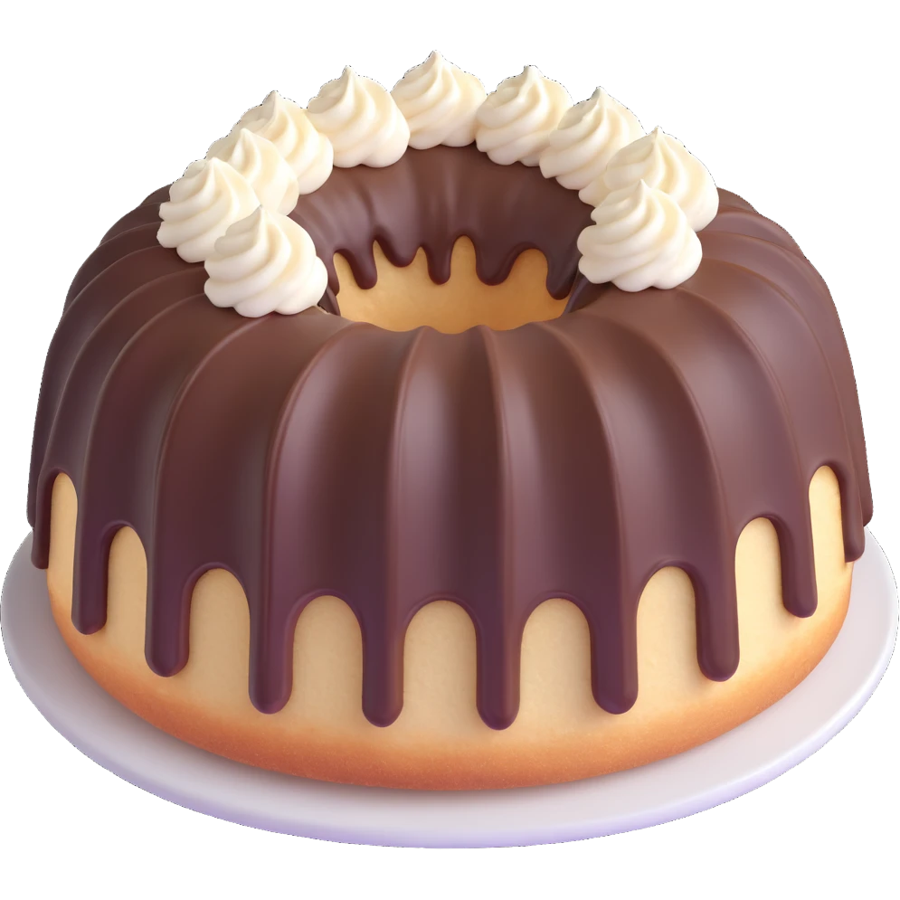 vanilla bundt cake with chocolate frosting and white sprinkles emoji