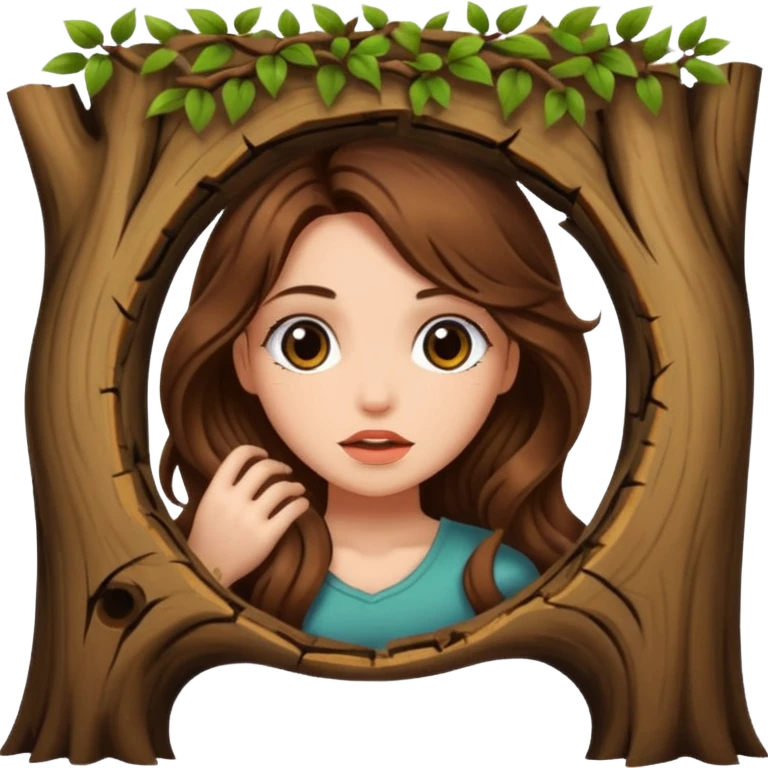 cute woman long wavy brown hair tattoos peeking from tree hole emoji