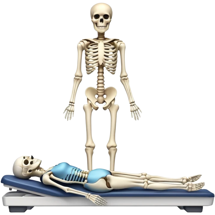 Medical DEXA scan showing bone density measurement, with skeleton visible and colored areas showing density levels emoji