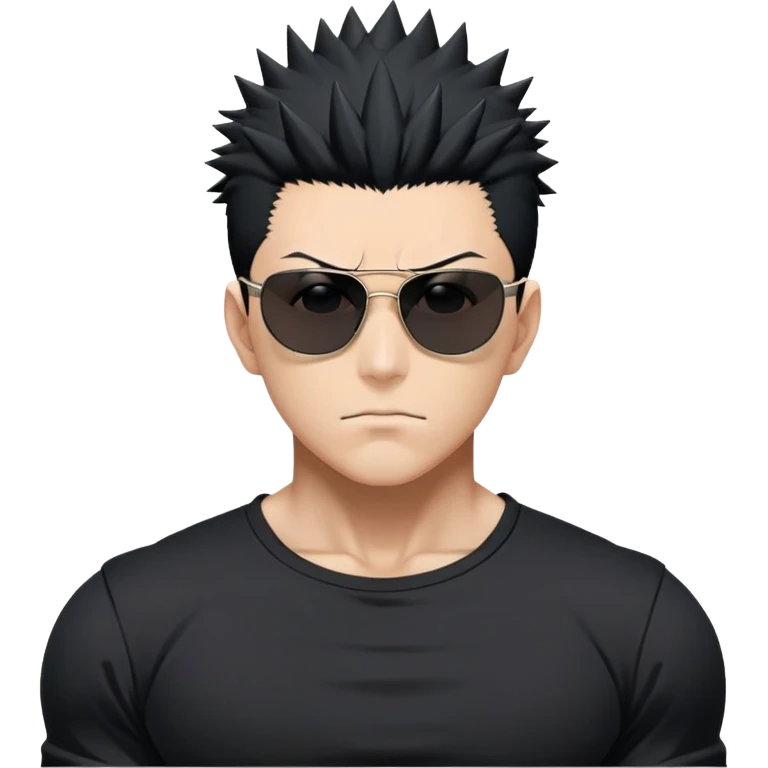 Satoru Gojo from Jujutsu Kaisen with spiky black hair, wearing form-fitting black t-shirt showing muscular build, confident expression, sunglasses on top of head emoji