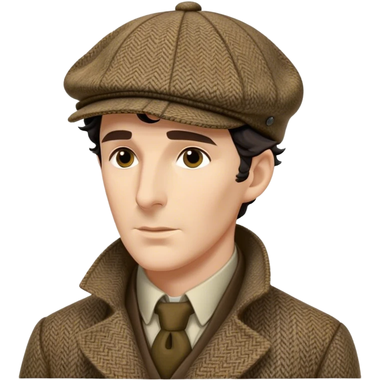sherlock holmes, wearing a deerstalker hat with the fabric is often tweed, which features a subtle checkered or herringbone pattern with darker and lighter threads woven together, creating texture and depth.  emoji