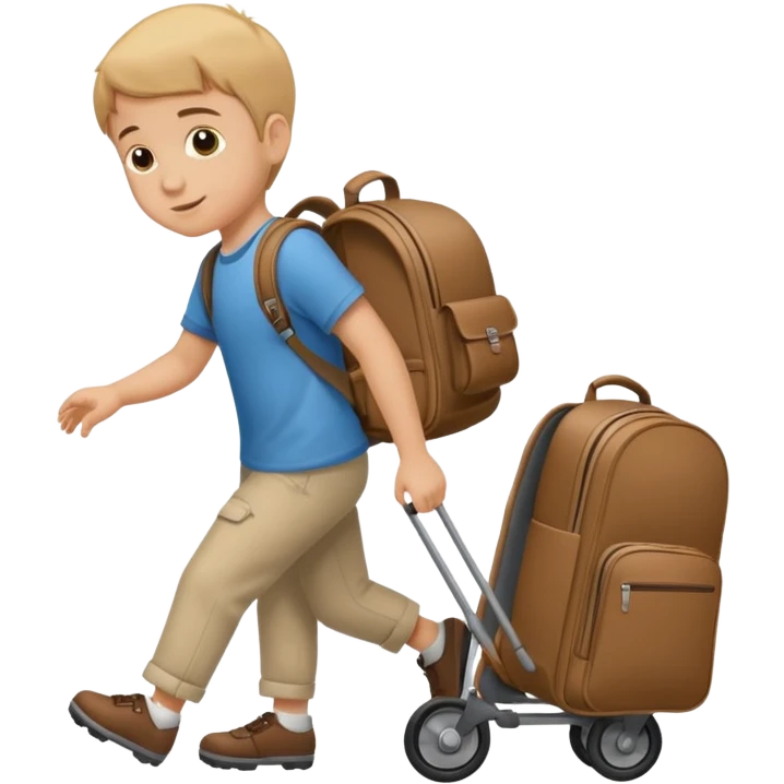 Special needs kid with a rolling backpack. The backpack has wheels and is being rolled behind the kid. The kid is pulling the backpack with his hand Like a suitcase. The backpack is rolling across the floor emoji