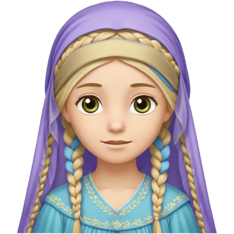 
mujer, Joven, de aspecto dulce y elegante.
Piel clara, ojos grandes y expresivos (pueden ser azules o verdes), sonrisa triste.
Rubio o castaño claro, largo, con trenzas o velo.
Vestido largo de tonos suaves (blanco, azul o lavanda), con bordados dorados; un manto o toca fina cubriendo la cabeza.
 emoji