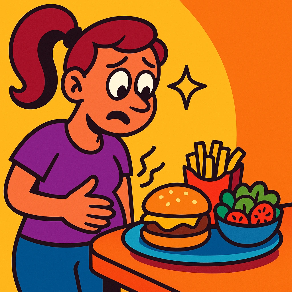 cartoon of a woman with a rumbling stomach, looking at food, playful style, vibrant toon style emoji