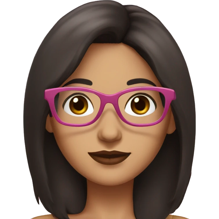 brunette woman with brown eyes, black hair color with pink glasses emoji