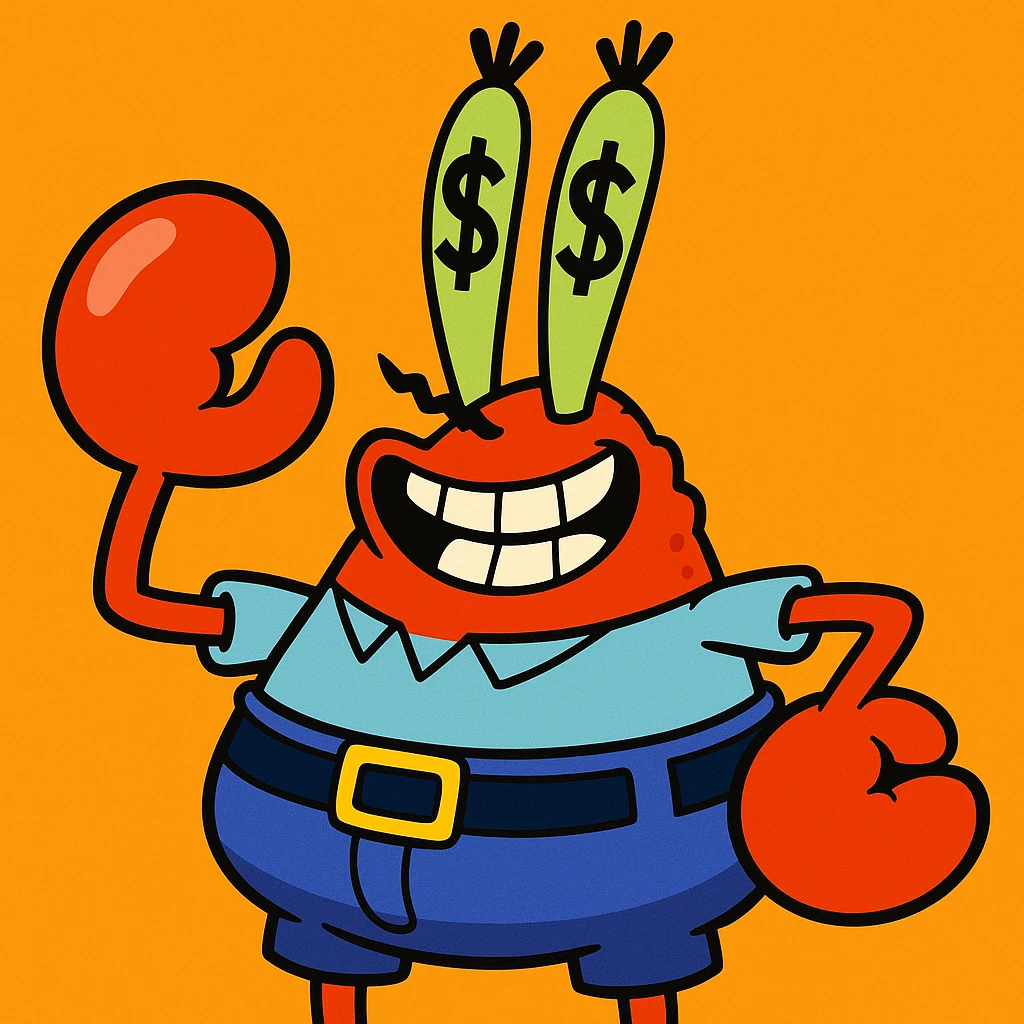 Mr. Krabs from SpongeBob SquarePants with dollar-shaped eyes, vibrant cartoon style emoji