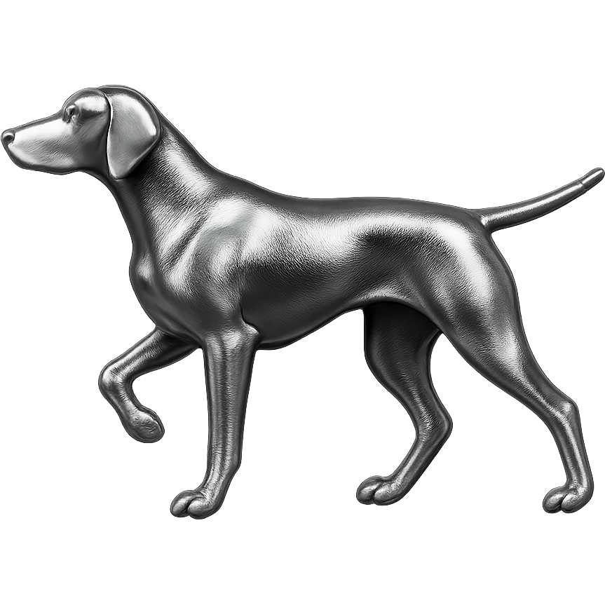               Apply a high-end, photorealistic metallic chrome material to the provided {subject}. The material should have a smooth, slightly curved surface with subtle reflections and soft shadows, resembling brushed or polished silver metal. Preserve the exact shape, proportions, and design of the original object. Set it against a solid black background (#000000) in 8K resolution. The lighting should enhance the beveled edges and reflective highlights, creating a sleek, premium finish. {subject} = dog pointing left emoji