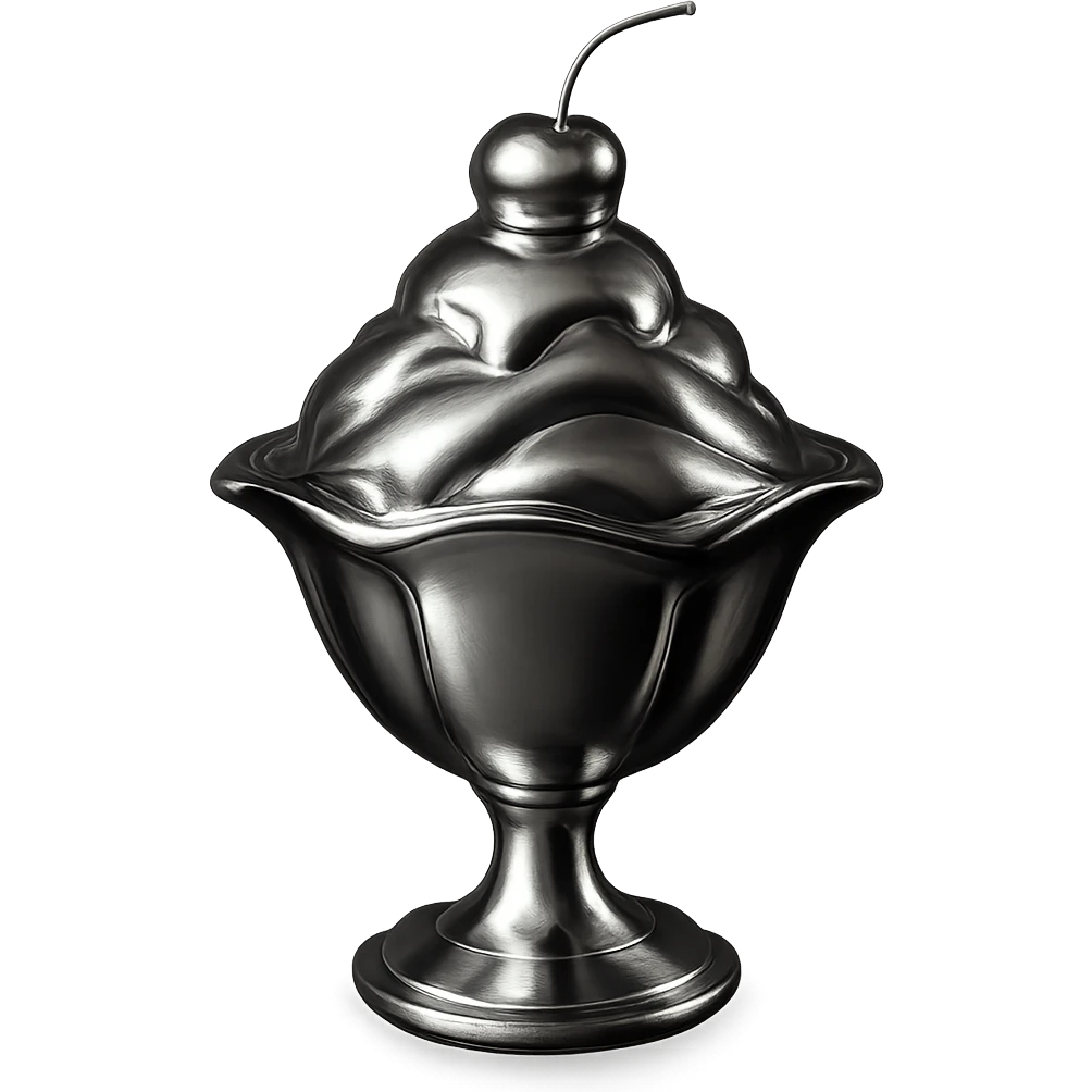 chrome ice cream sundae, reflective metallic finish, cherry on top emoji