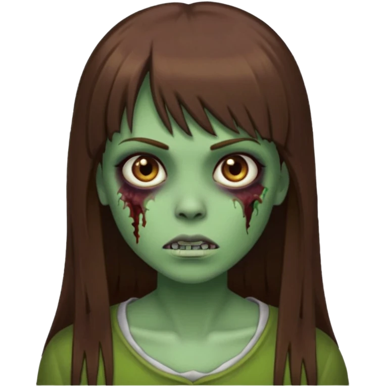 Zumbi feminino, de pele verde, cabelo marrom, longo, liso e castanho com franja reta emoji