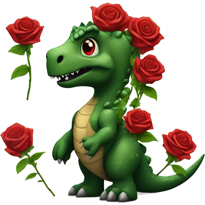 Dinosaur holding bouquet of red roses emoji