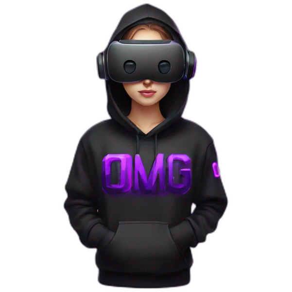 Russian student wearing black hoody with violet letters "OMG", in vr headset. Cyberpunk style. Violet neon. emoji
