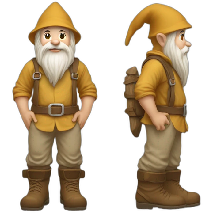 side view of gnome with light tan pants and light tan boots squatting with small log behind him emoji