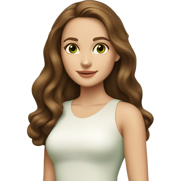 beautiful girl with long hair, brown hair, brown green eyes, looks like natalie portman, smiling at t emoji