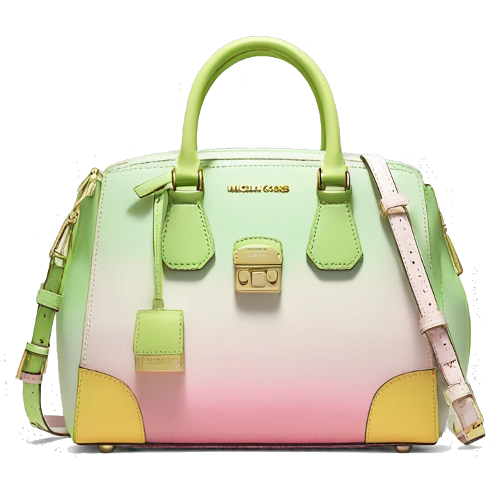 Realistic isolated white with pastel green,pastel yellow,and pastel pink ombre Michael Kors satchel purse without a strap. emoji
