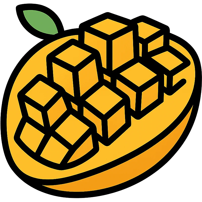 flat vector icon of a sliced mango, showing cube-cut surface with square mango chunks raised outward, minimal style, bright yellow-orange, no face, isolated, no background emoji