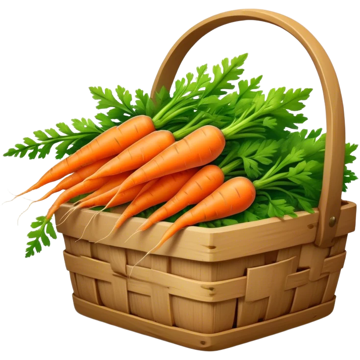 Cinematic vibrant orange carrot, crisp and fresh, slightly twisted with green leafy tops, arranged in a rustic wooden basket, natural and inviting. emoji