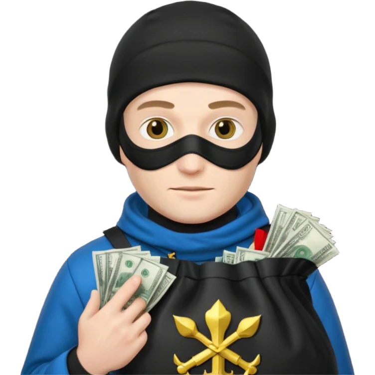 создай белого украинца в черное одежде и черной балаклаве с большим мешком денег с  гербом страны на нем  emoji