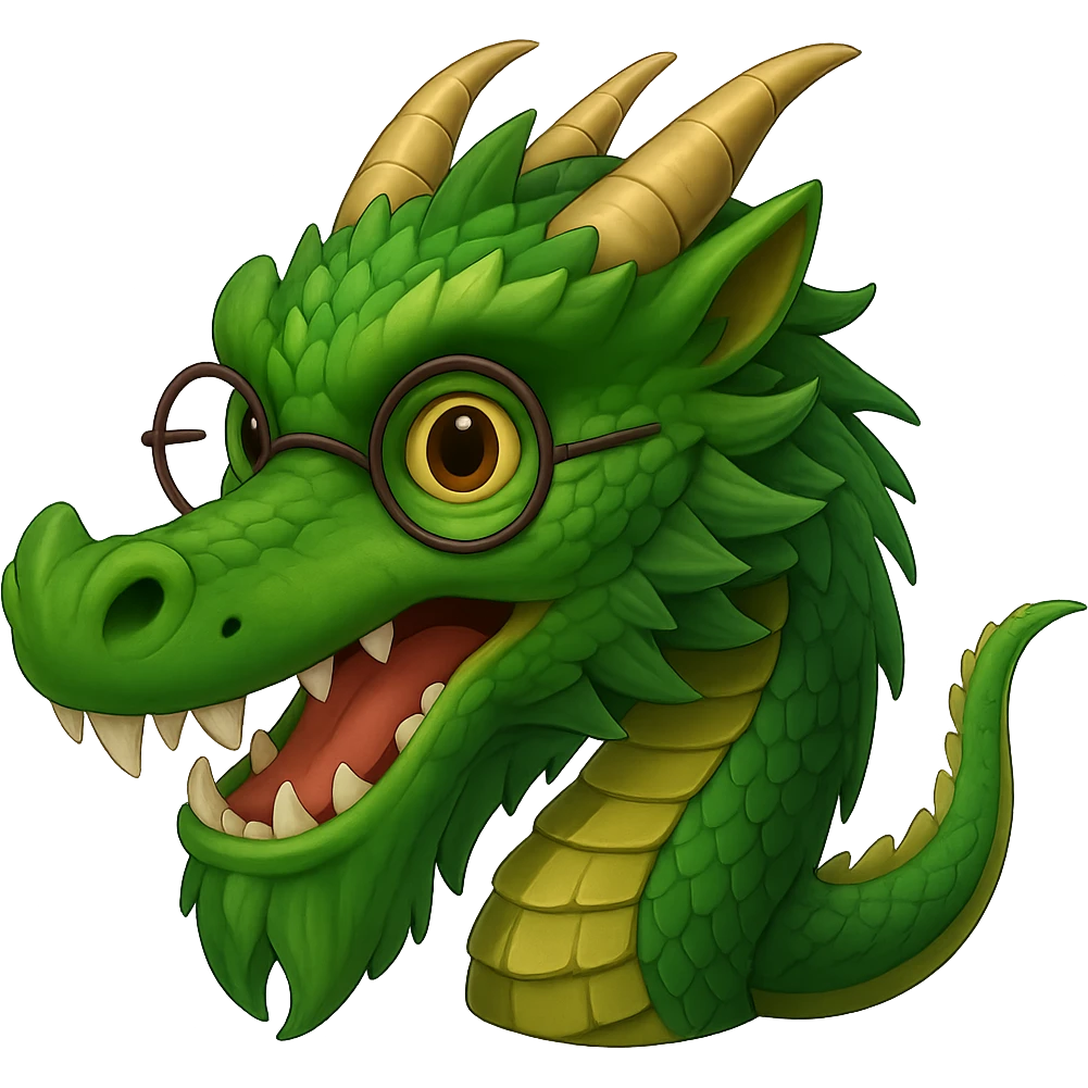Add small round glasses to the venerable dragon for a wise look in emoji style with no background. emoji