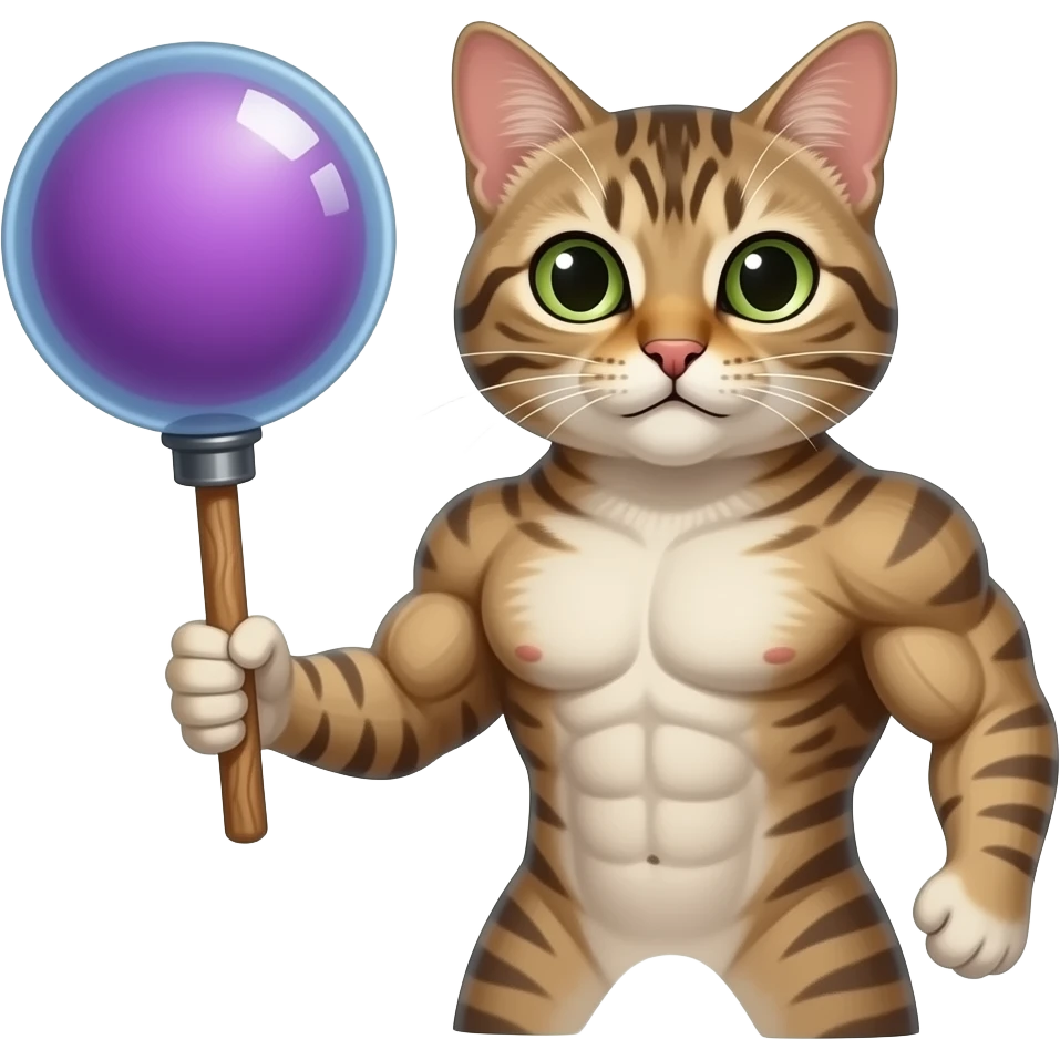 Bir kedi ve elinde asası sırtında ise lazerkeri olsunkertenkele digli lazer olmasın çubugun elindebir yuvarlak olsun onun içi mor olsun kedi kaslı olsun emoji