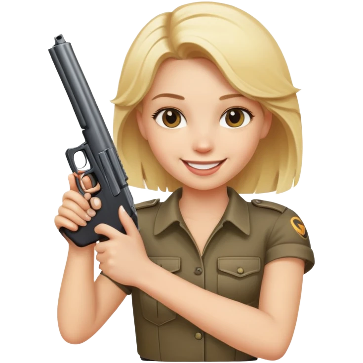 blonde girl smiling holding a gun emoji