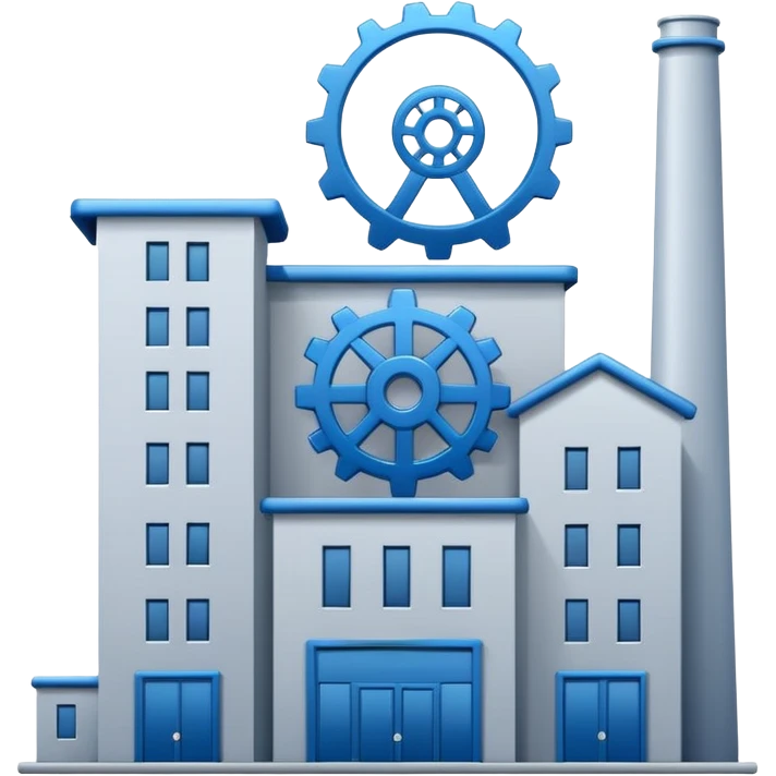 "A minimalist vector icon of a modern manufacturing factory building with a gear symbol above it. Blue and grey color scheme, flat design, white background, simple thick lines, professional business logo style." emoji