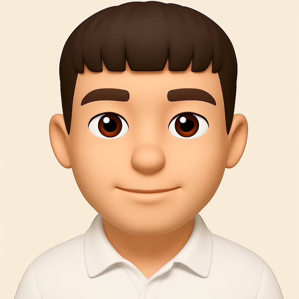 make this character look a little bit older, with a more neutral or slightly positive expression (not sad), and wearing a white shirt, keep 3d-emoji style emoji