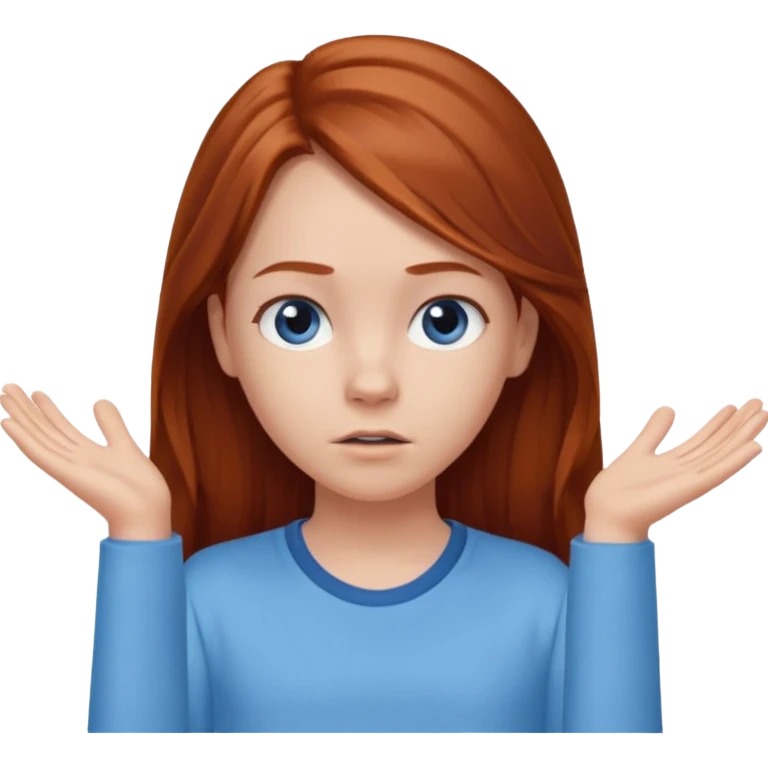 shrugging emoji tween long auburn hair light blue shirt with a darker blue L emoji