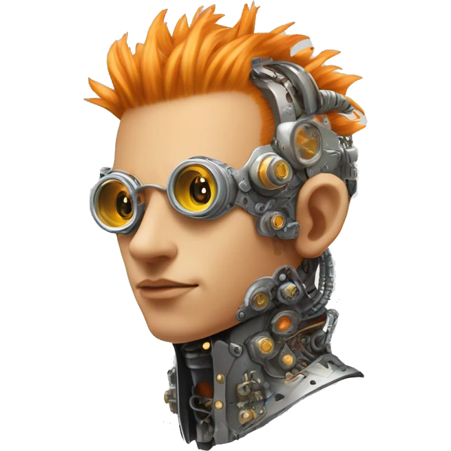 Light orange Mohawk hair male cyborg head with silver steampunk goggles and circuits emoji
