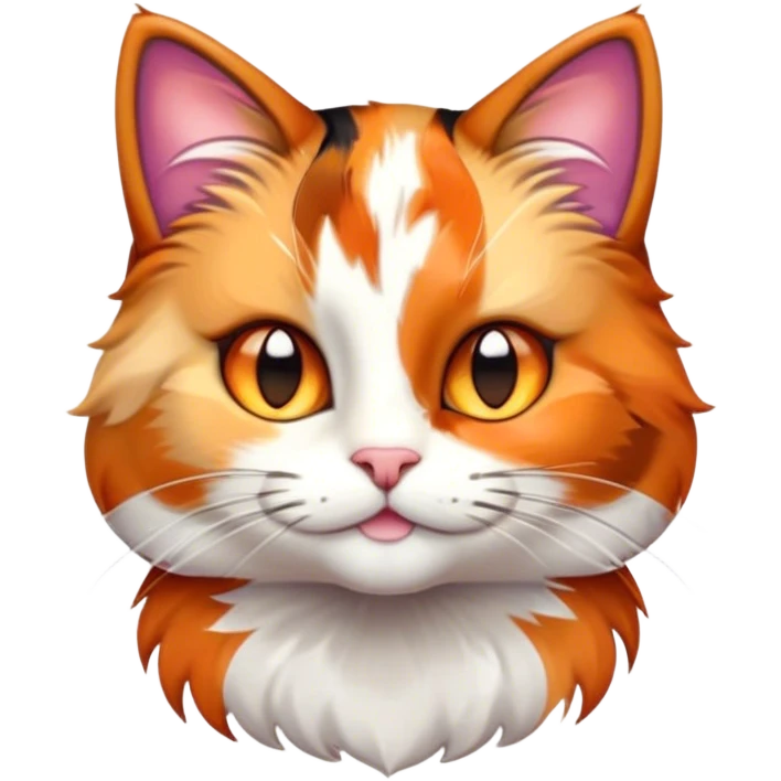 Cinematic Cute Calico Cat Portrait Emoji, Head tilted playfully with sparkling, inquisitive eyes and a charming patchwork fur of orange, black, and white, simplified yet irresistibly adorable, highly detailed, glowing with a warm, inviting glow, high shine, bubbly and affectionate, styled with a touch of whimsical feline charm, soft glowing outline, capturing the essence of a delightfully cute calico cat that looks as if it could prance off the screen into your heart! emoji