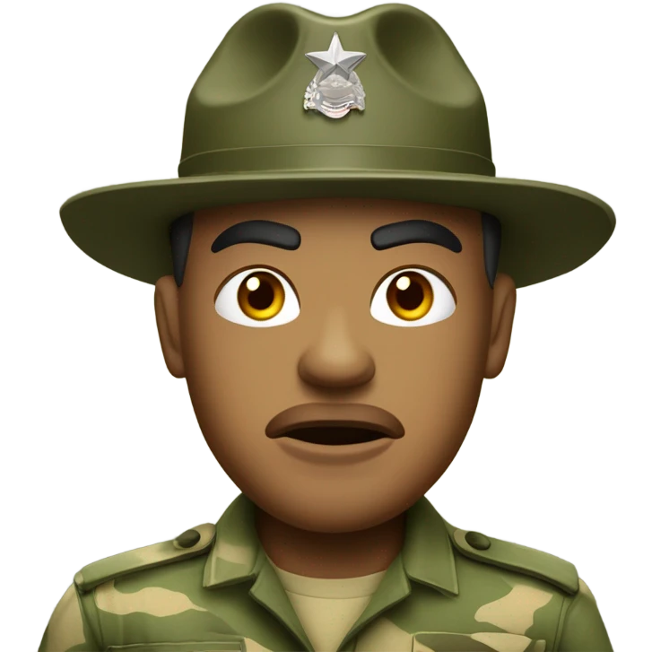 drill sergeant character wearing a classic sergeant hat and a camouflage army shirt. The character should have an angry intense expression. full torso emoji