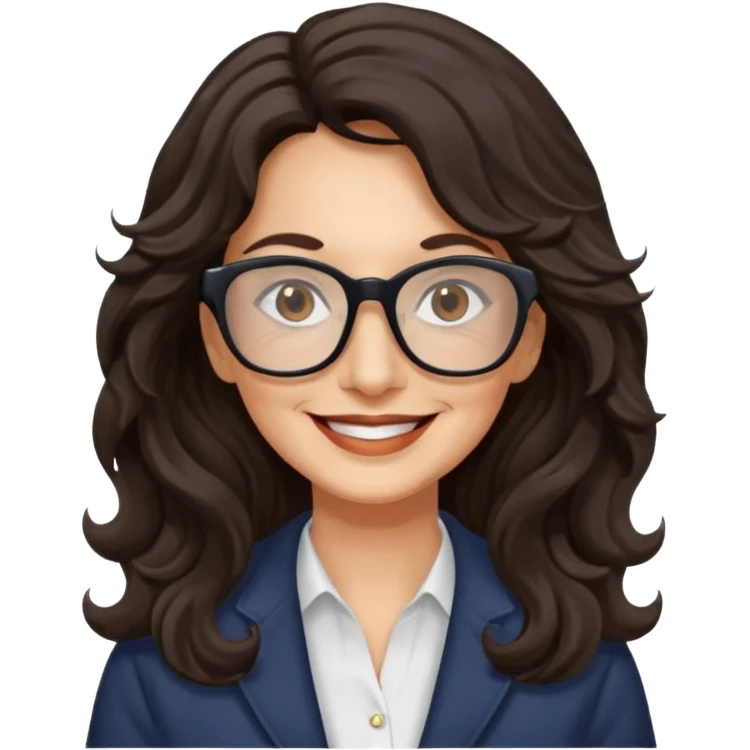 woman 60 long dark weavy hair, brown eyes rectangle dark glasses emoji
