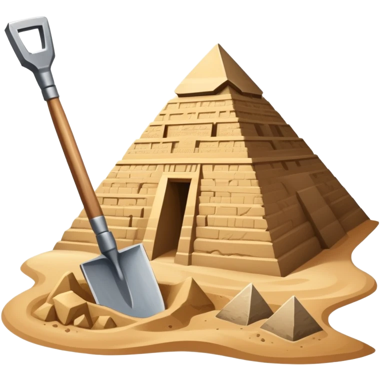 An icon showing archaeological tools like a trowel, brush, and pickaxe placed on sandy ground, with an Egyptian pyramid in the background. The design symbolizes excavation and discovery of ancient history, blending tools and iconic landmarks. Transparent background. emoji