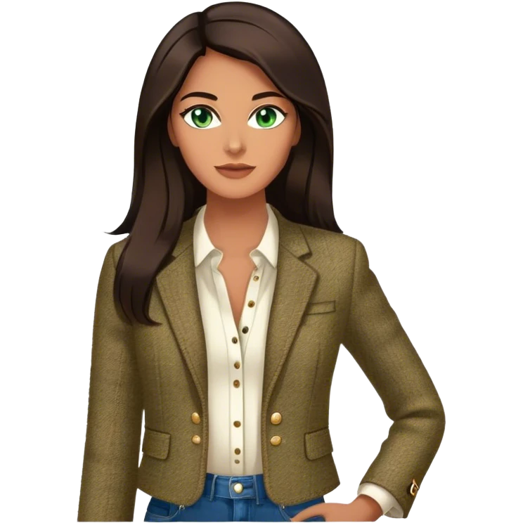 a 30 year old female venture capitalist with greek tan skin, 6 ft tall, long dark brown hair and blue/green eyes, wearing a chanel tweed jacket and trendy jeans - no collar, no tie, dark tan skin emoji