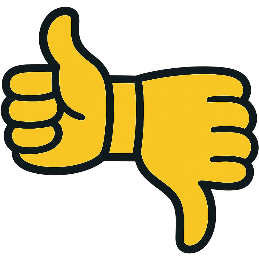 Create a cartoon hand with two thumbs, one thumb up and one thumb down, all in yellow color, on a transparent background, in a playful style. emoji