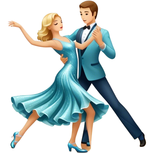 Humanless Icon for Ballroom Dance: elegant ballroom dance shoes, a sparkling dress, and a dance floor with a spotlight. The icon should capture the grace and elegance of ballroom dancing, with emphasis on movement and rhythm. Transparent background. emoji