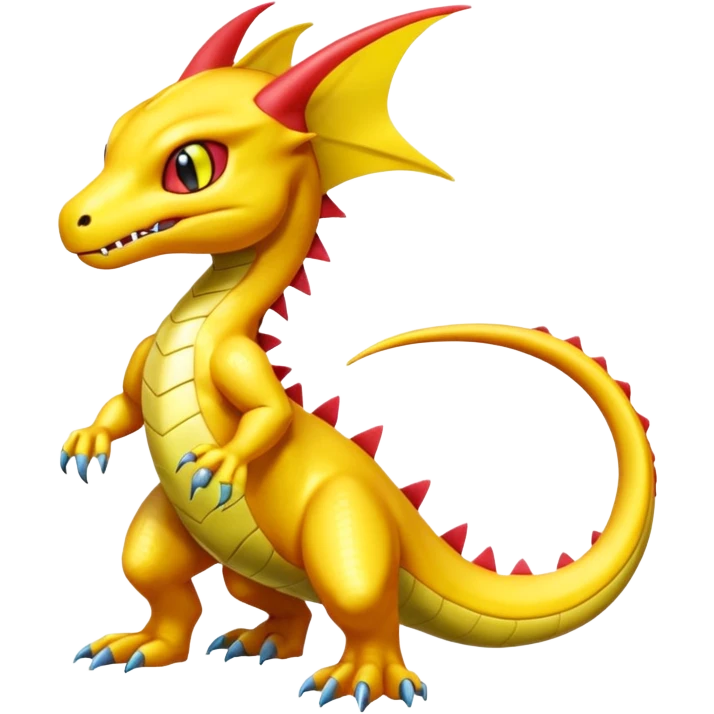 Cute Shiny yellow iridescent Guilmon-Salandit-Fakémon-hybrid-creature (full body)  emoji