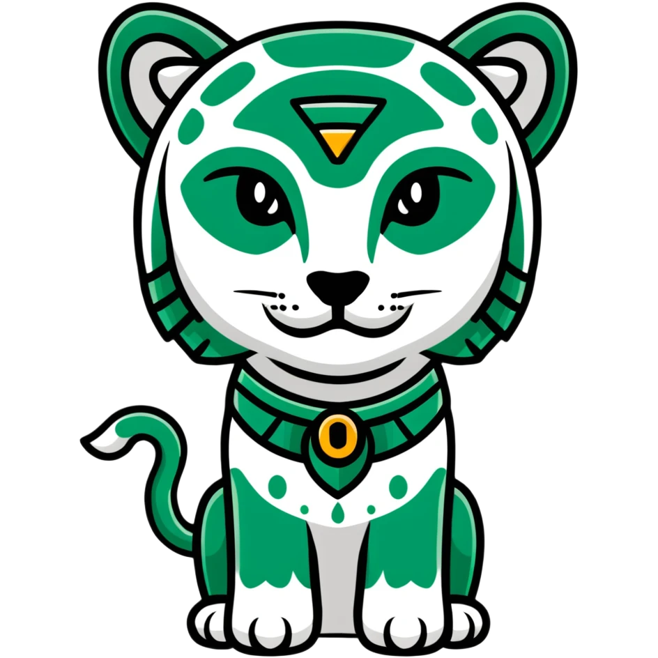 Maya sacred jaguar messenger - important message, perfect geometric lines like hieroglyphics, ONLY white and deep green colors, no other colors, flat design emoji