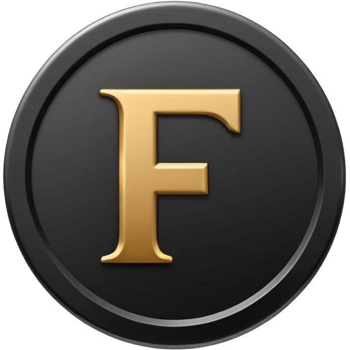 Emoji icon of a black coin with engraved letter F, minimalist style, isolated, no color emoji