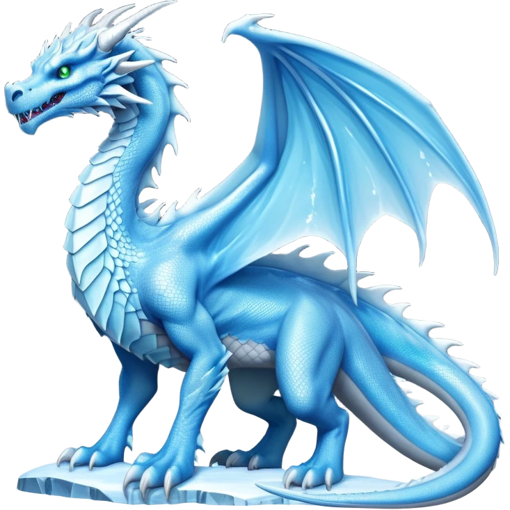Cinematic Noble beautiful  Ice Dragon full body Emoji, Poised and imposing, distinct long elegant snout, with a slender, scaled body shimmering in glacial hues of icy blue, frostbitten silver, and crystalline white, breathing out frost, with piercing, glowing eyes that radiate the chilling depths of an arctic storm; rendered in detail. displaying its wings emoji