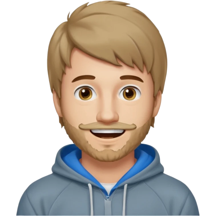 25 year old man, short scruffy beard and thin moustache, brown puffy mullet, blue eyes, big smile, white teeth, big lips, pronounced jaw, hair longer in back, sticking up on top, thin face, grey hooded sweatshirt emoji