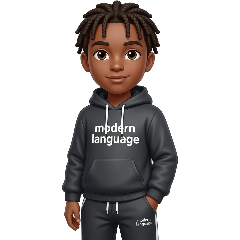 hoodies say modern language and left hand corner sweatpants says modern language black boy with braids emoji