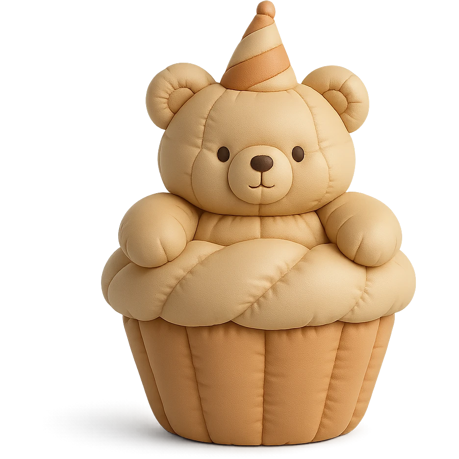 fluffy bear popping out of a cupcake, wearing a party hat, cushion style emoji