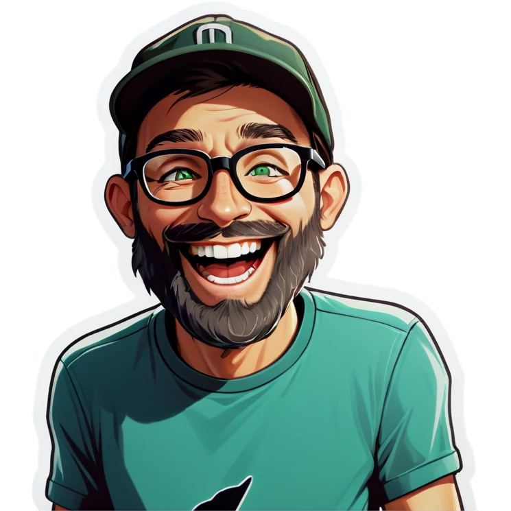 A man with a grey baseball cap, green eyes, big dark brown beard and glasses, laughing emoji
