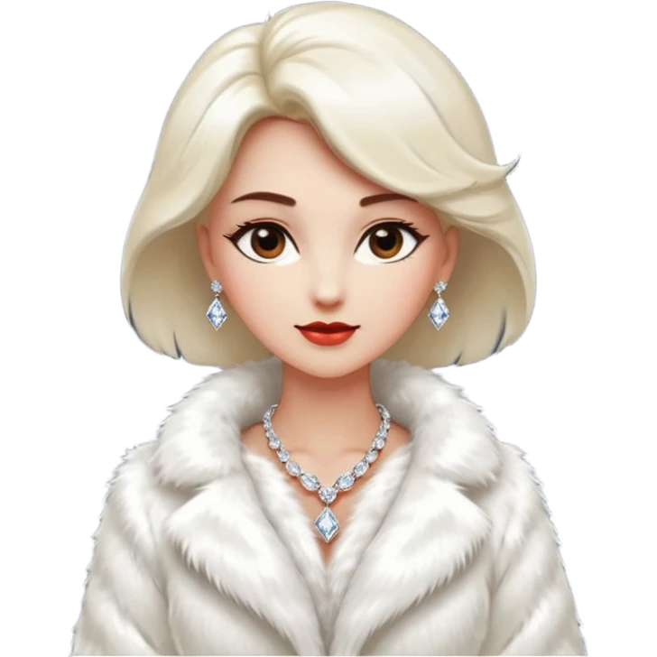 * Character: A stylish lady
* ﻿﻿Clothing: A luxurious white fur coat
* ﻿﻿Accessories: A dazzling diamond necklace
* ﻿﻿Expression: Confident, elegant, maybe slightly glamorous
* ﻿﻿Pose: Head slightly tilted or a poised posture
* ﻿﻿Style: Emoji-like, simple but expressive emoji