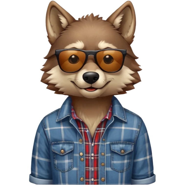 head and shoulders friendly brown-furred anthropomorphised wolf in plaid shirt and jeans, wearing dark sunglasses, relaxed pose emoji
