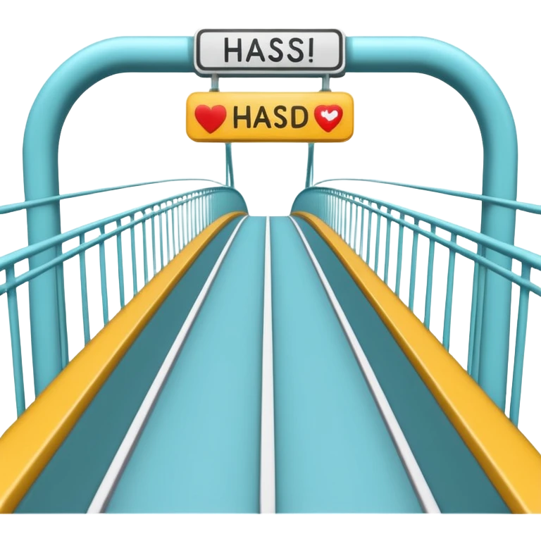 playful and clear emoji style of a simple bridge linking two hospitals with the word 'HASD' standing on the bridge emoji